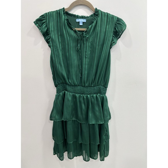 Draper James Green Striped Ruffle Dress Small Smocked Waist Tiered Metallic - Picture 3 of 10